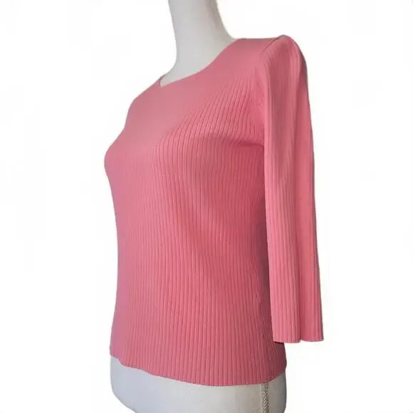 August Silk Vintage Ribbed Knit Womens 3/4 Sleeve Top Blouse Light Pink M - Picture 2 of 7